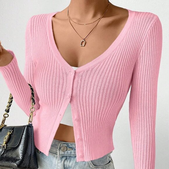 Pink Casual Women's Slim Solid Color Rib Knit Cardigan - Picture 1 of 7